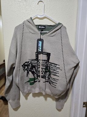 Two Fly Co Zip-Front Hooded Sweater with Bronc Graphic